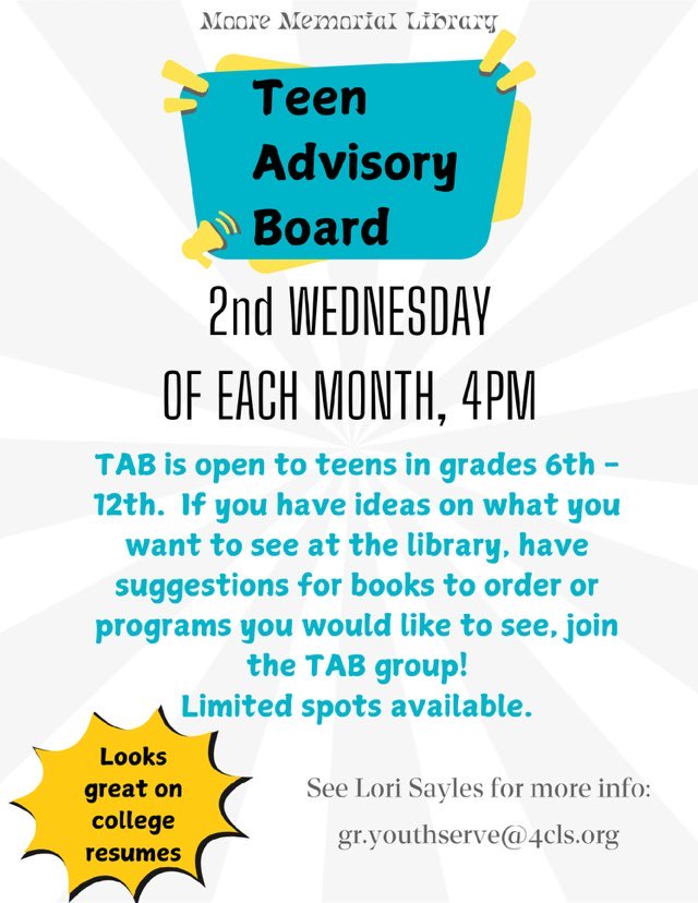 Teen Advisory Board ~ 2nd Wednesday of the Month at 4pm (Ongoing)