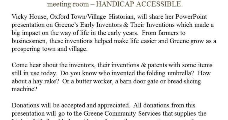 Historical Society Early Inventors Presentation on Sat. August 16th