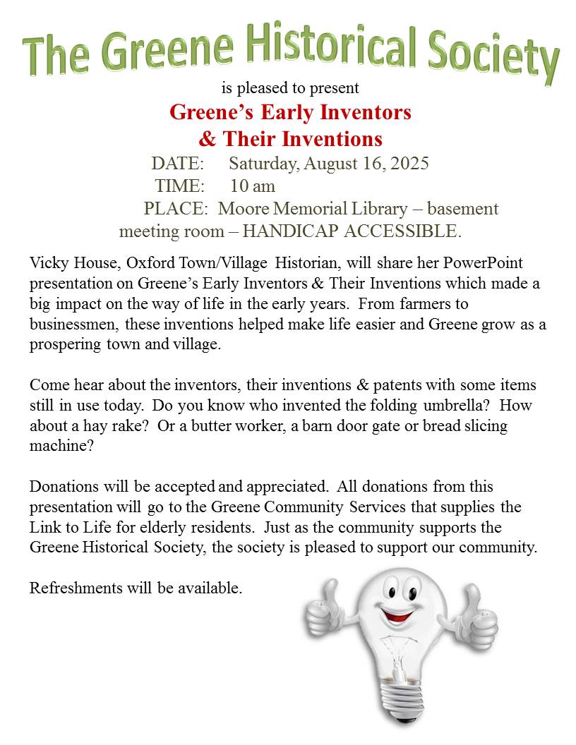 Historical Society Early Inventors Presentation on Sat. August 16th
