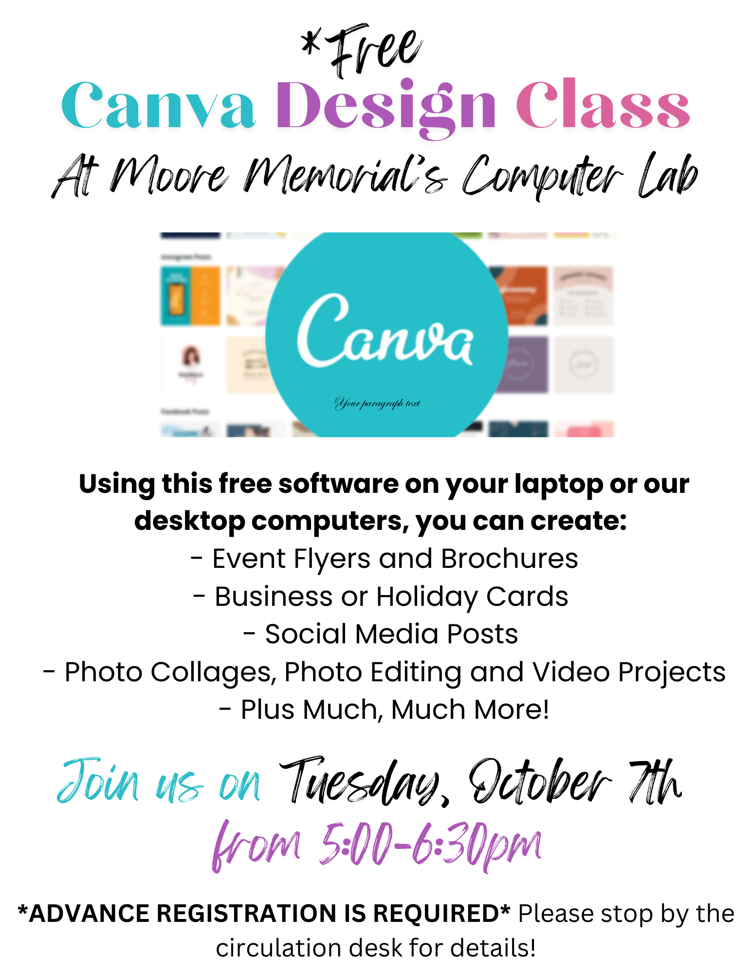 Intro to Canva Design Class – Tuesday, October 7th from 5-6:30pm