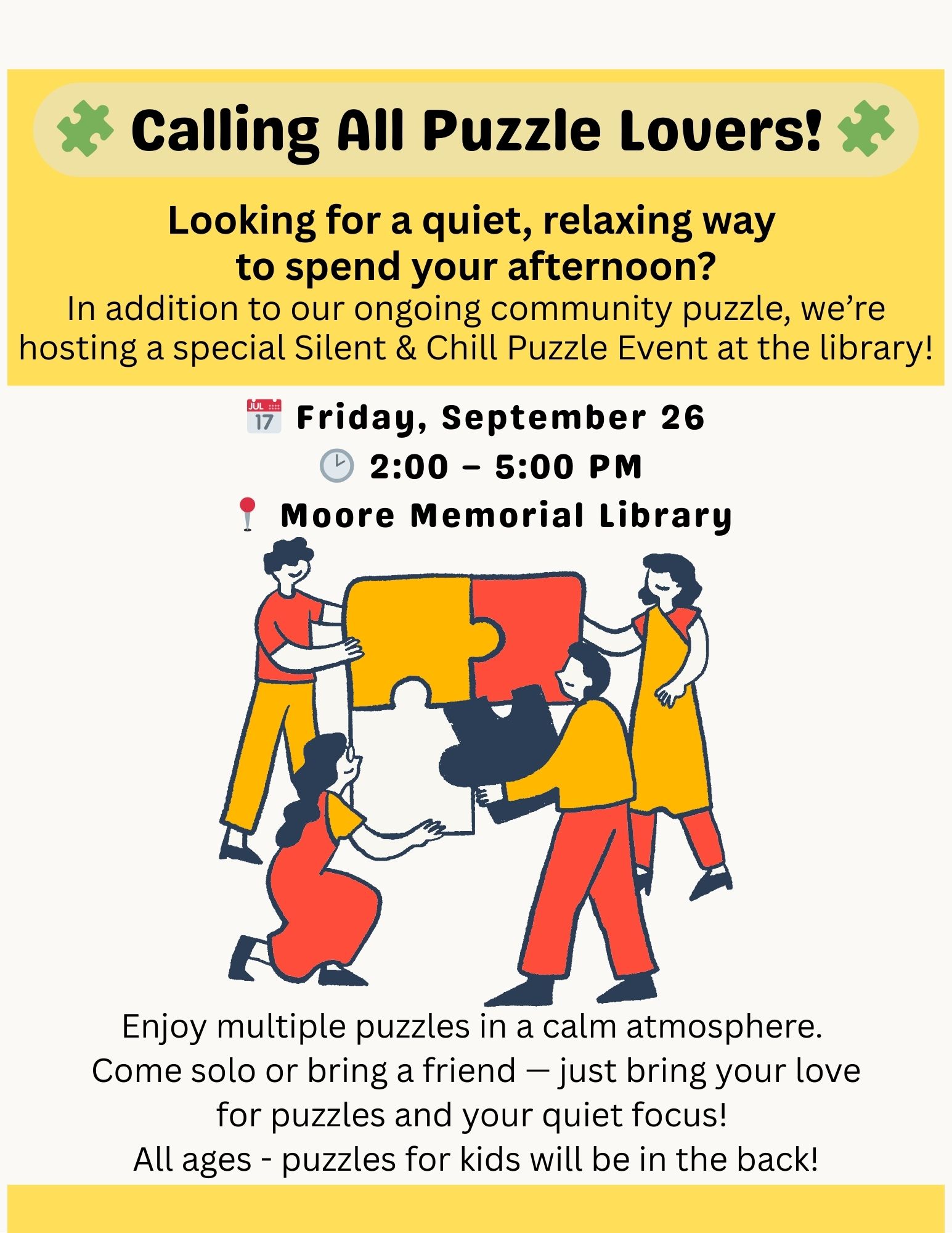 Puzzle Pleasing Afternoon – Friday, September 26th from 2-5pm