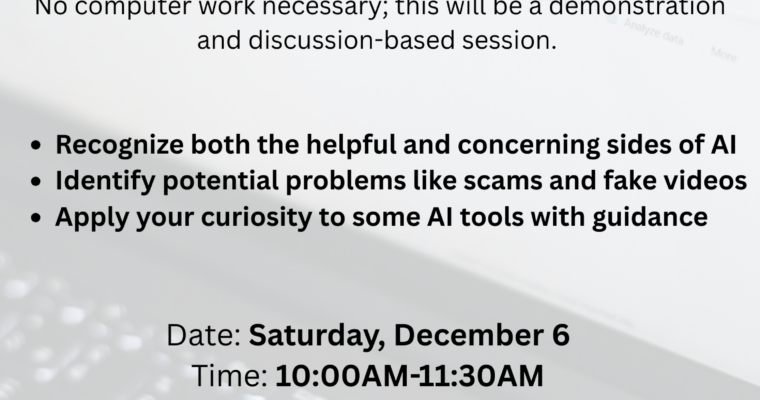 Artificial Intelligence Discovery Class – Sat. 12/6 at 10am
