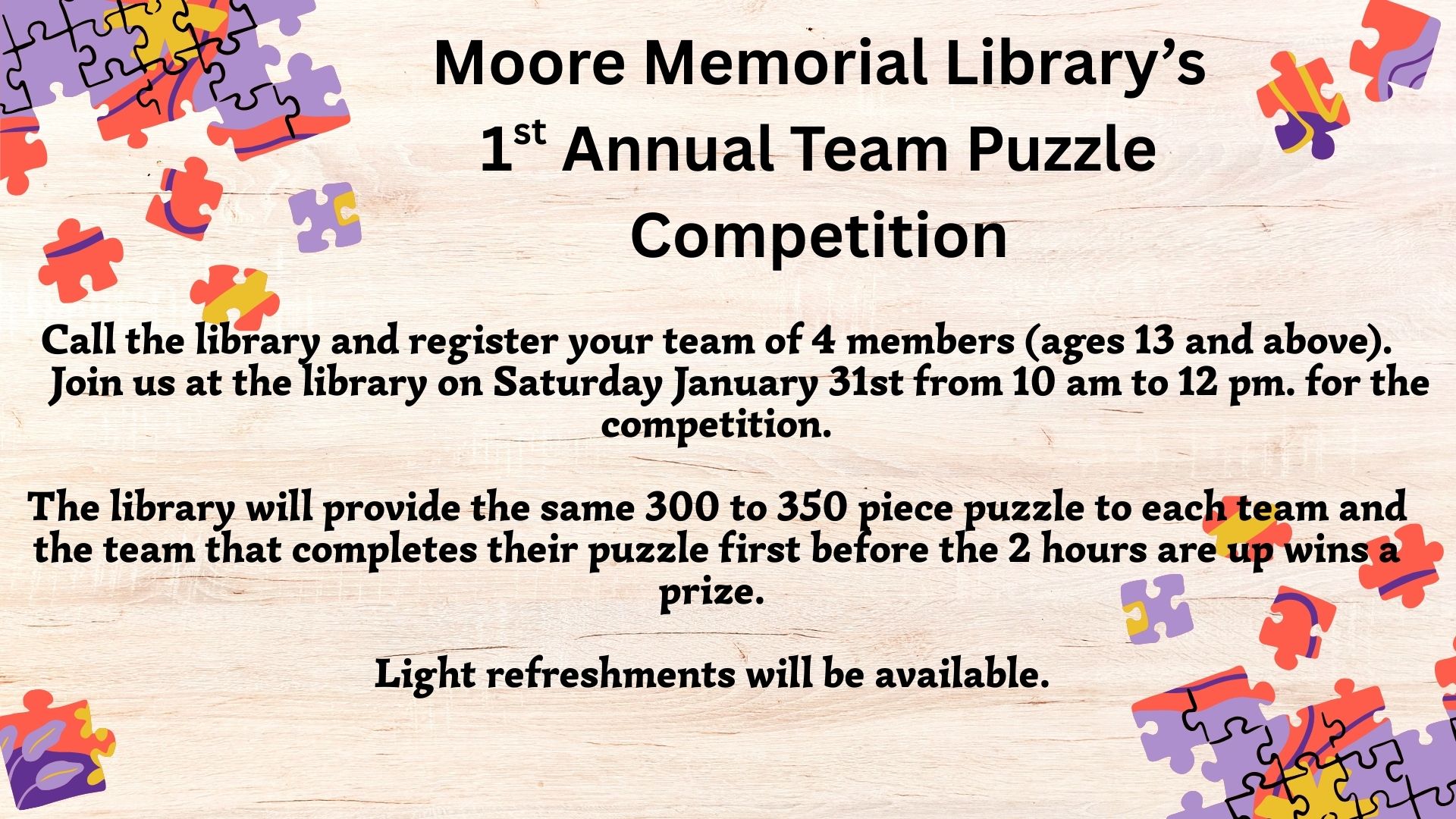 Puzzle Competition – Saturday, January 31 from 10am-12pm