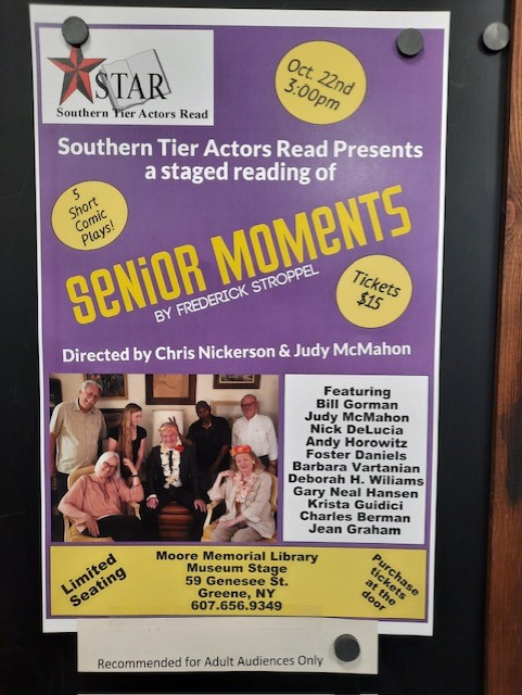 October 22nd @3pm: Southern Tier Actors Read ~ SENIOR MOMENTS!