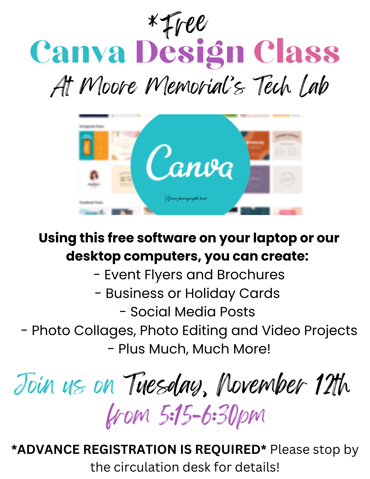 Free CANVA Design Class – Tuesday, November 12 from 5:15-6:30pm