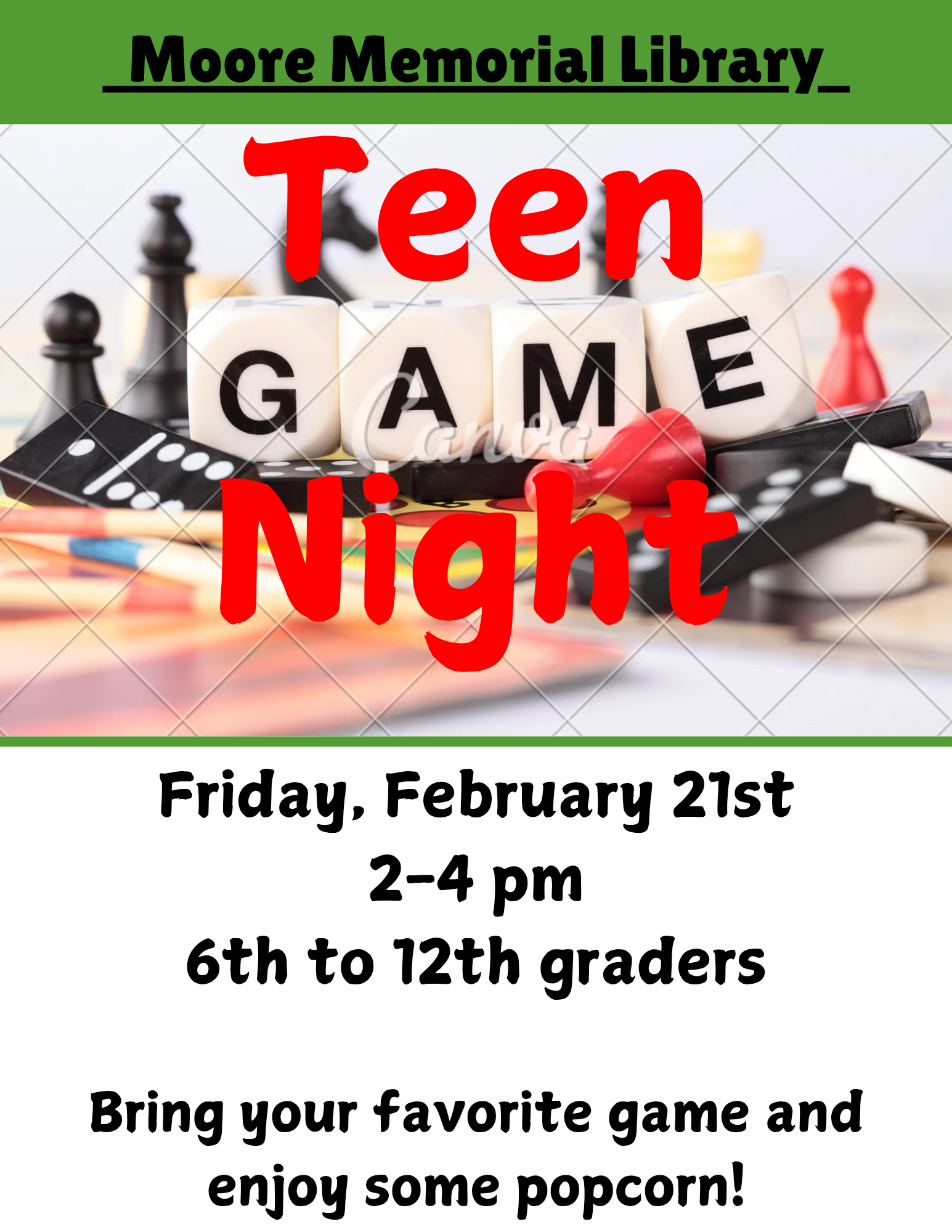 Teen Game Night on Friday, Feb 21 from 4-6pm