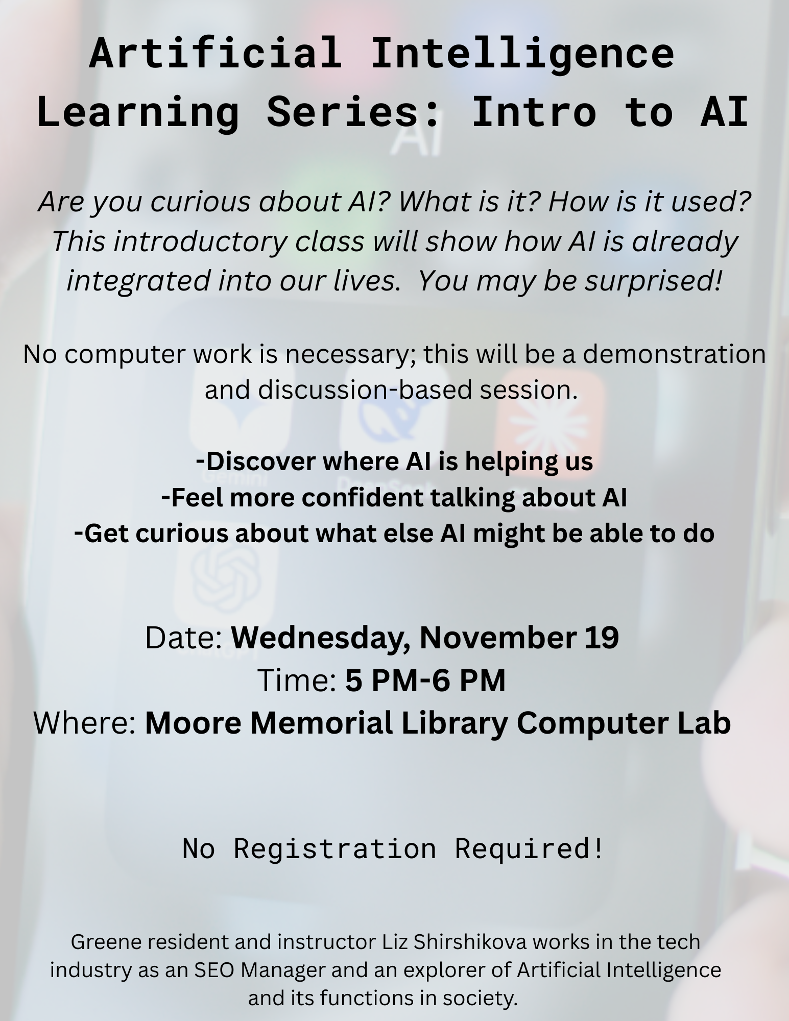 Artificial Intelligence Intro Class: Wed. 11/19 at 5pm