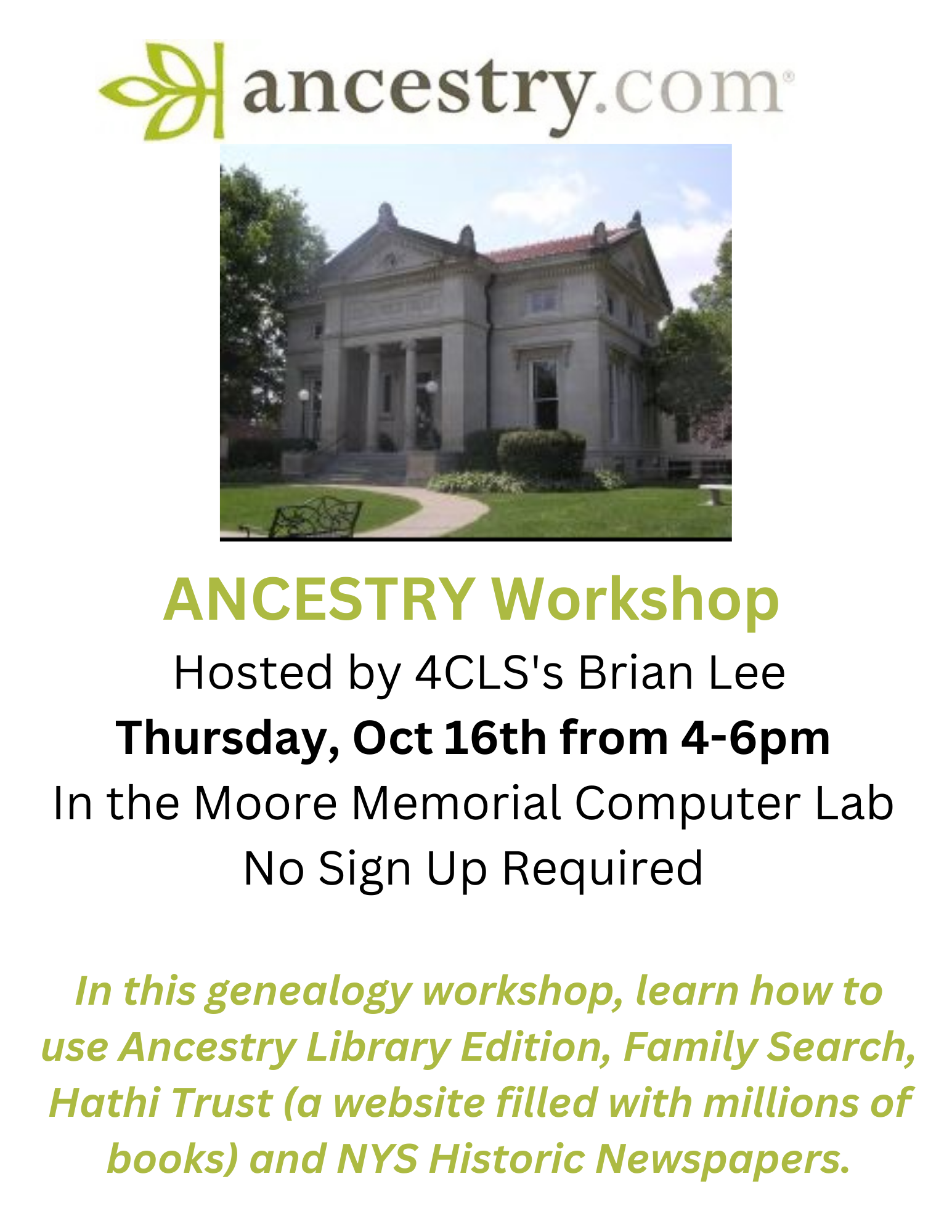 Genealogy Workshop: Thursday, October 16