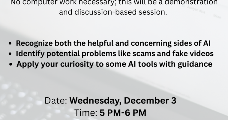 Artificial Intelligence Discovery Class – Wed. 12/3 at 5pm