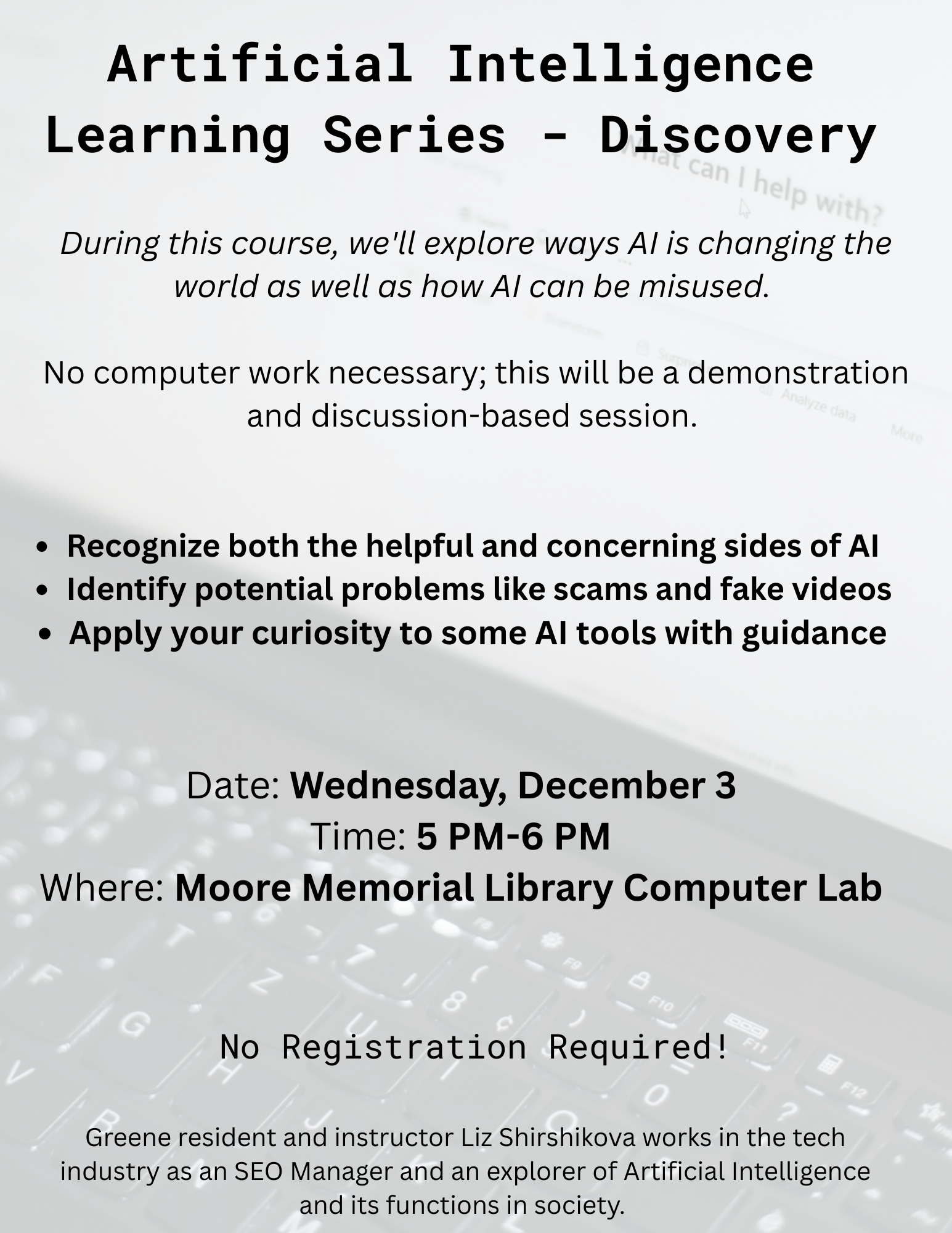 Artificial Intelligence Discovery Class – Wed. 12/3 at 5pm