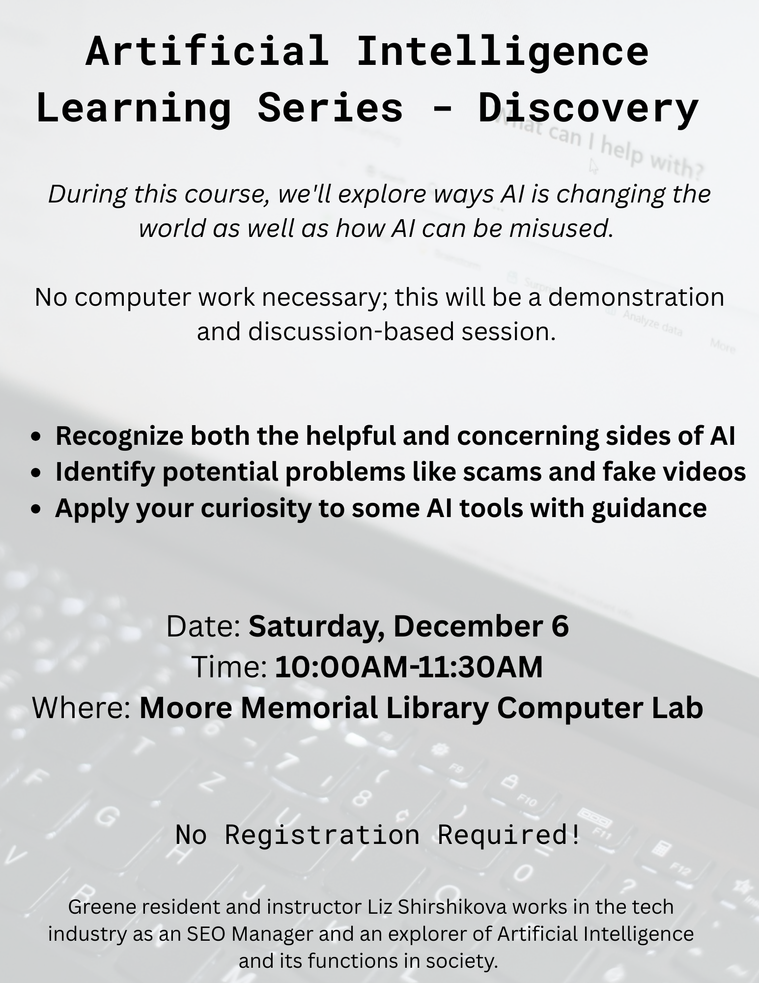 Artificial Intelligence Discovery Class – Sat. 12/6 at 10am